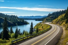 Beautiful lake view of winding Canadian road on sunny summer day. Located north of Prince George on John-Hart Highway, British Columbia. Generative AI