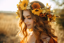 Portrait Of A Girl With A Sunflowers And Autumn Florals