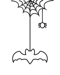 Wall Mural - Bat Hanging on a Spider Web Doodle Outline Line Art, Happy Halloween Spooky Ornaments Decoration Vector illustration