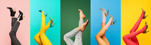Collage Made With Female Legs In Different Shoes And Clothes On Multicolored Background. Colorful Photography. Concept Of Fashion, Creativity, Imagination. Copy Space For Ad