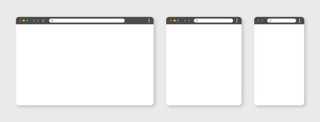 Browser mockups. Website different devices web window mobile screen internet flat template empty page network row vector set. Vector 10 eps.