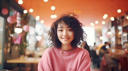 Portrait of a confident cute young asian teenager girl in pink clothes on the background of a cafe. Asian girl freelancer or female student looks at the camera.