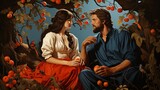 Fototapeta  - Adam and Eve are sitting under a tree.