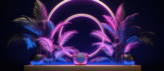 of a gold icon surrounded by plants and curtains in neon lighting