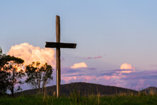 Wooden Cross Shape Structure In Farm Paddock On Good Friday For Easter