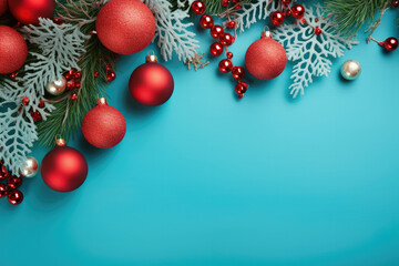 Wall Mural - Christmas ornaments on blue background with copy space for design