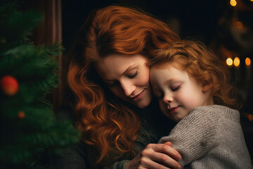 Redhead woman bonding with her cute little daughter during Christmas time