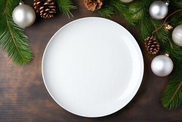 Wall Mural - Empty white plate on table with Christmas decorations