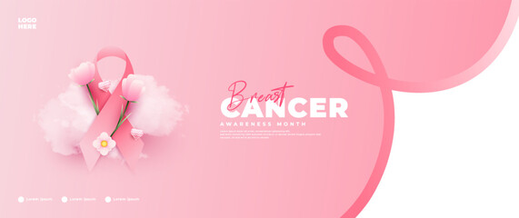 Wall Mural - Breast Cancer Awareness Month banner, with pink ribbon, flower and cloud elements