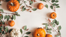 Pumpkins Elegant Background, Colorful Varieties Of Pumpkins On White Surface, Autumn Decorations Harvested During Fall And Thanksgiving, Website Header With Copyspace,, Generative A.I,
