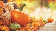 ©  DigitalMerchant - Autumn Thanksgiving background, pumpkins, and leaves on a rustic table, side view, winter supplies, website header copyspace, fall season crops gathered in a basket, nature landscape Generative A.I,