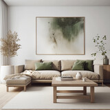 Fototapeta  - Modern living room, with big sofa, minimal and elegant, neutral tones, natural, with poster on the wall