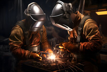 two welders working in the factory. two handymen performing welding and grinding