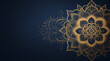 Hand-Drawn Gold Mandala on Ornamental Dark Blue Background