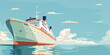 Sea ship, cruise liner at blue ocean water. Luxury resort, huge boat, summer vacation, white vessel, marine transport. Calm journey, tourist voyage, holiday tour. Seascape. Vector illustration