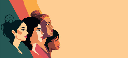 Vector flat horizontal banner for International Women's Day, women of different cultures and nationalities standing side by side. Vector concept of movement for gender equality and women's empowerment