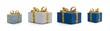 A collection of white and blue gift wrapped Christmas, birthday or valentines presents with gold ribbon bows isolated against a transparent background.