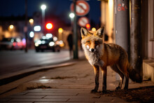 European Red Fox Vulpes Vulpes Common On The Streets Of Cities And Towns, Urban Fox Can Often Be Seen Scaveging And Become A Pest.