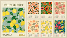 Monthly Calendar Template For 2024. Vertical Design With Fruit Pattern. Fruit Market Trendy Retro Prints. Vector Illustration Page Template A3, A2 For Printable Wall Calendar. Week Starts On Sunday.