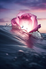 Wall Mural - Incredible rose in a splash of sea wave in the backlight of dawn for your greeting card. AI Generation 