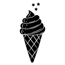 Ice Cream In A Cup, Sweet Festive Dessert, Black Contour, Doodle Style