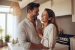 © VERTEX SPACE - happiness marry relationship bonding Smiling young adult love couple embracing in kitchen pantry area at home daytime family concept