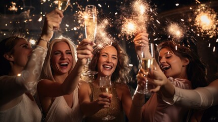 Wall Mural - Group of friends celebrating with champagne and sparklers at a party