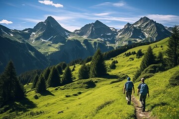 Wall Mural - Friends trekking in the mountains and laughing