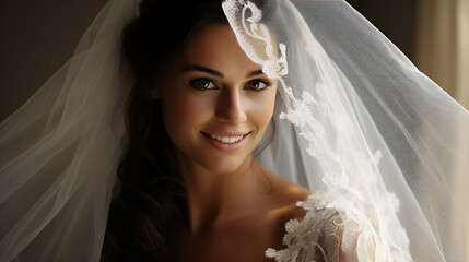 Wall Mural - portrait of an elegant, smiling bride in a white wedding dress with a veil