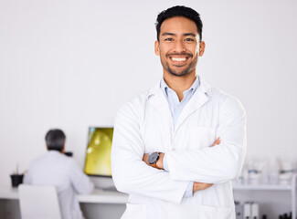 Portrait, medical and man with arms crossed, research and expert in a laboratory, chemistry and smile. Face, scientist or researcher in a lab coat, healthcare professional and confident with a career