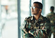 © aLListar/peopleimages.com - Confident soldier thinking, mockup and arms crossed in army building, pride and professional hero service. Military career, security and courage, black man in camouflage uniform at government agency.