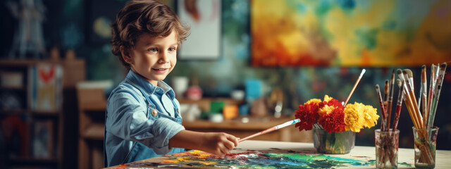 Wall Mural - Boy paints a picture with paints on canvas