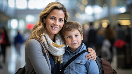 Poster - Mother and child smile while waiting for an airplane in the airport waiting area