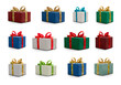 A collection of red, blue  and green gift wrapped Christmas, birthday or valentines presents with red and gold ribbon bows isolated against a transparent background.