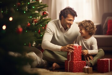 Wall Mural - Toddler boy and father, at Christmas in living room with Christmas presents and tree, empty copy space Generative AI