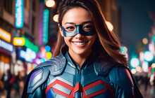 Portrait Of A Handsome Young Woman In Superhero Costume And Wearing A Mask