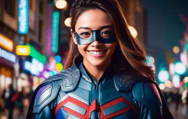 Portrait of a handsome young woman in superhero costume and wearing a mask