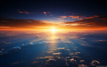 Aerial Shot Of Sun Rise Over Earth. Golden Hour Concept.