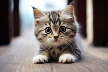 A Small Cat Lying On The Floor And  Looking At Camera. 