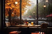 View From The Cafe On The Rainy Autumn Day. AI Generated