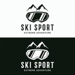 Retro ski sport template Logo element on vintage winter, with skis and mountain.Logo for ski sport, club, badge and label.