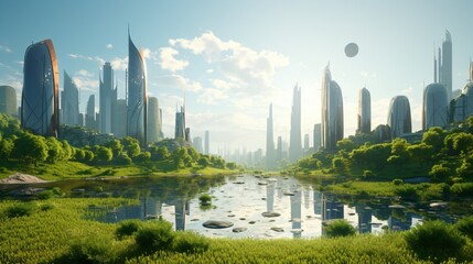 Wall Mural - science fiction cityscape, green eco city concept, futuristic high-tech city with advanced infrastru