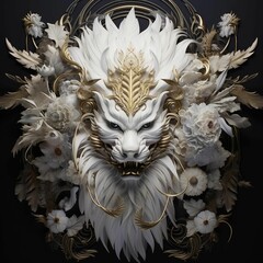 Poster - AI generated illustration of a majestic lion head with a vibrant array of white flowers