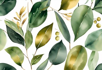 Poster - AI generated illustration of green watercolor leaves on a pristine white background