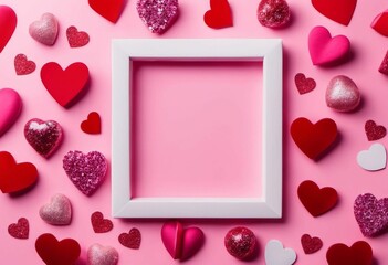 Wall Mural - AI generated illustration of a white frame with a surrounded by a border of pink hearts
