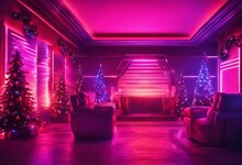 AI Generated Illustration Of A Festive Living Room With Christmas Trees Illuminated By Red Lights