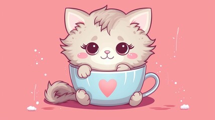 Canvas Print - Ai generated illustration of an adorable cartoon kitten in a white cup against a pink background