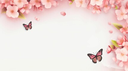 Sticker - Ai generated illustration of a soft pink background with blossoming flowers and butterflies