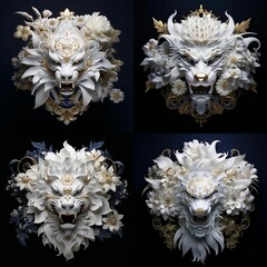 Sticker - AI generated illustration of a set of white animal masks adorned with flowers on a black background