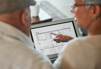 Poster - Senior couple, tablet and home budget, financial planning and online report of loan payment or numbers. Elderly people hands on digital screen for debt, bills and balance or asset management at home